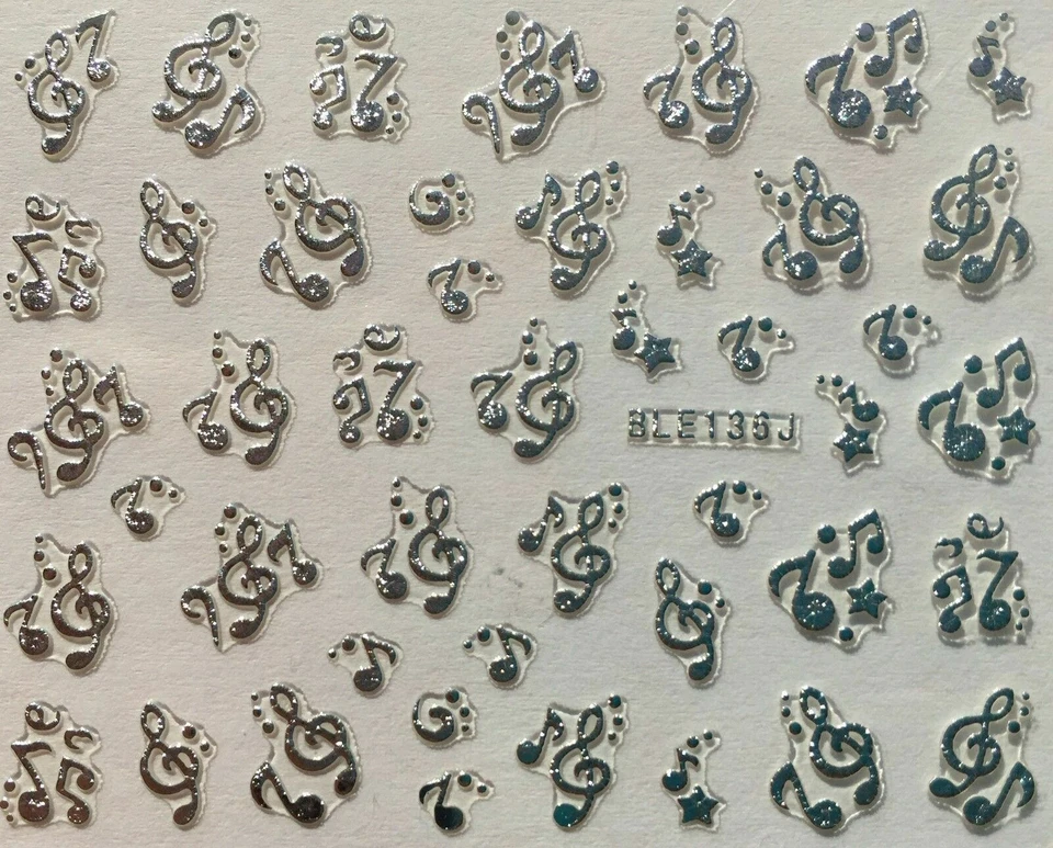 Calcomanía adhesiva 3D arte en uñas notas musicales metálicas plateadas BLE136J Foto 3 de 4