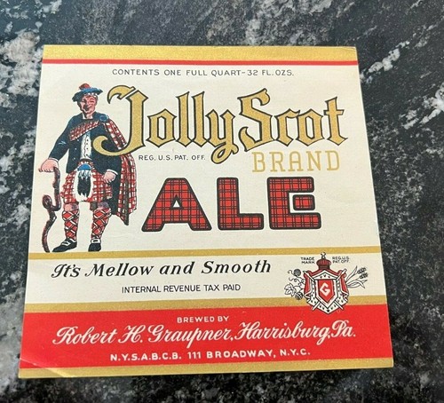 RTP JOLLY SCOT ALE 32 OZ QUART BIERFLASCHE ETIKETT GRAUPNER BRG HARRISBURG PA NYS