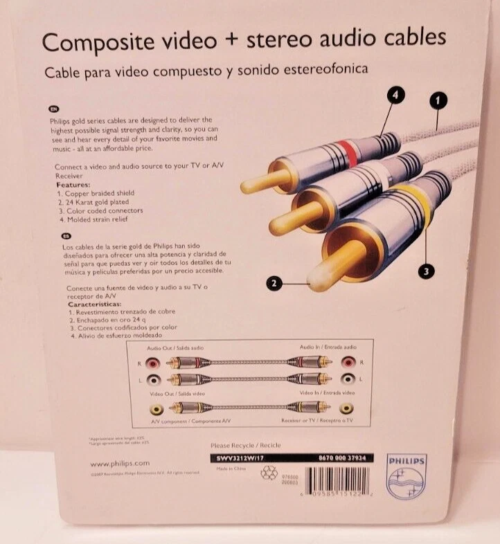 Phillips 6FT Braided Superior Composite A/V Audio Video Cable 24K Gold New - Image 2 of 3