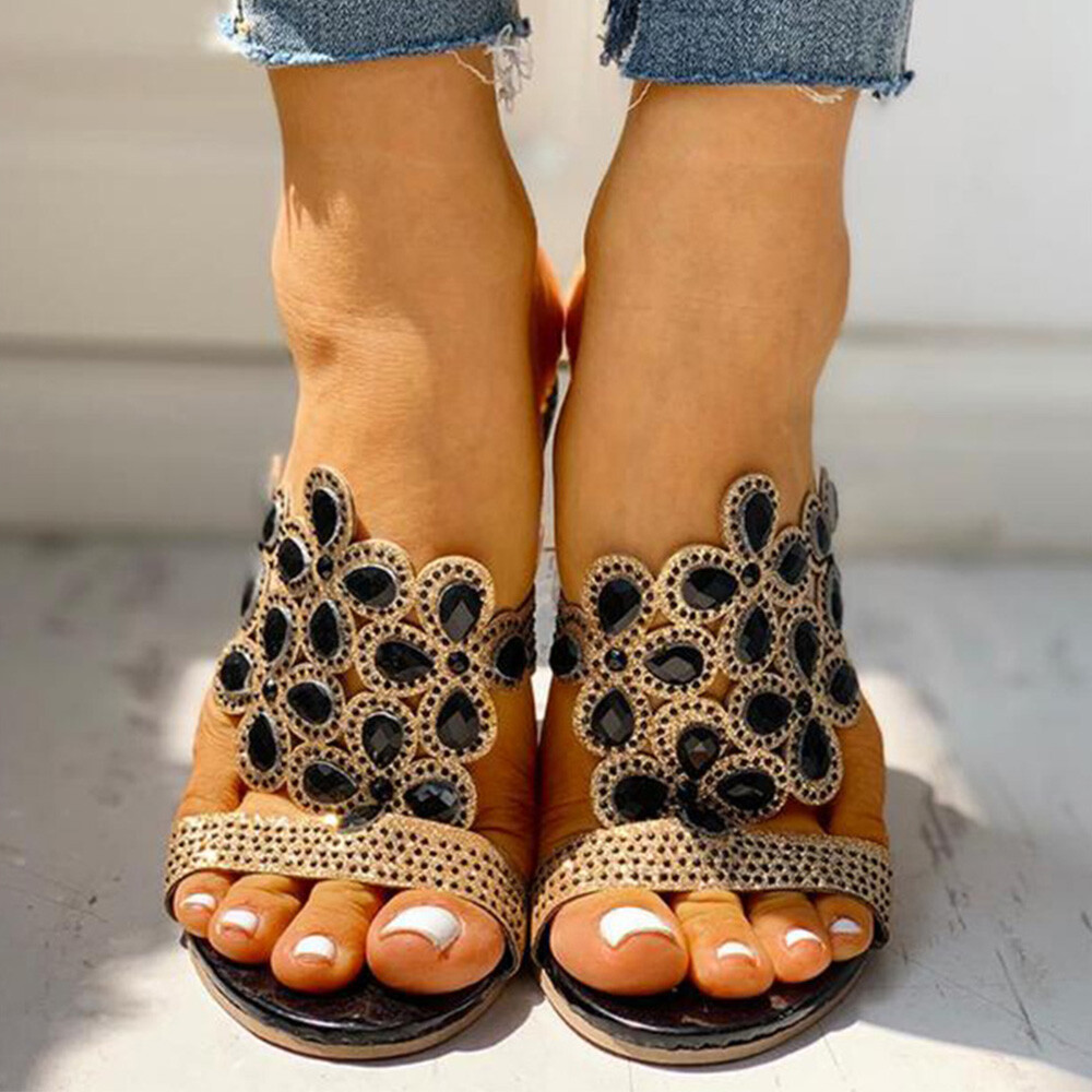 Womens Slip On Beach Shoes Rhinestone Peep Toe Sandals Ladies Summer