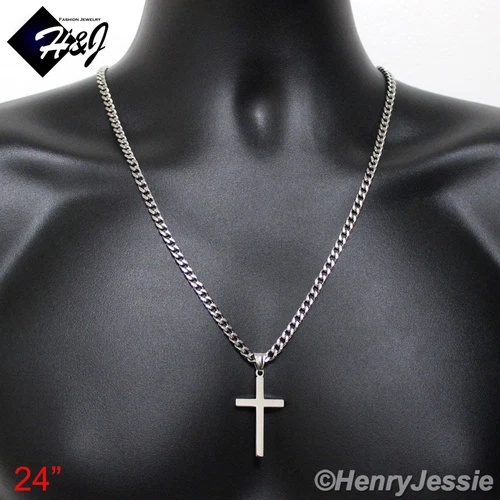 18"-36"MEN Stainless Steel 5mm Silver Cuban Curb Chain Necklace Cross Pendant*P image 8