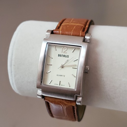 Benrus Women's Watch Vintage Analog Quartz Silver Tone Brown Leather Band 26 mm