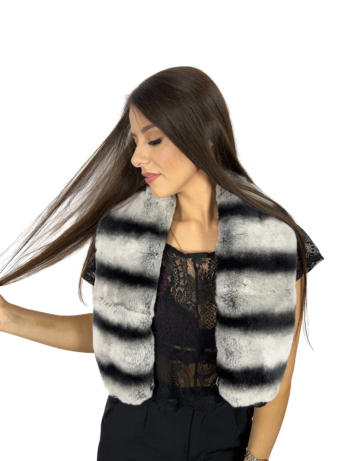 Rex Rabbit Fur Stole 43" (110cm) Striped Grey - Black Saga Furs Collar Big Scarf