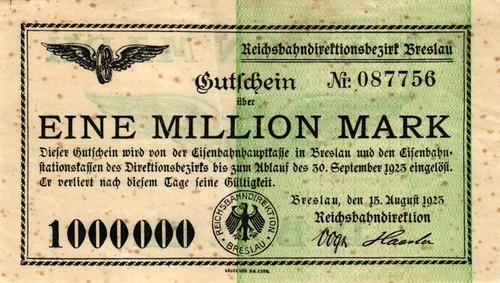 Reichsbahndirektion Breslau Geiger 003.2.b 1 Mio Mark 1923 (756)