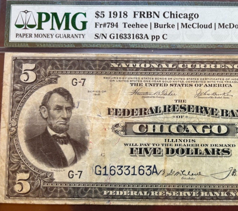 1918 $5 Federal Reserve Bank Note Chicago FR 794 - PMG Graded as 25 Very Fine