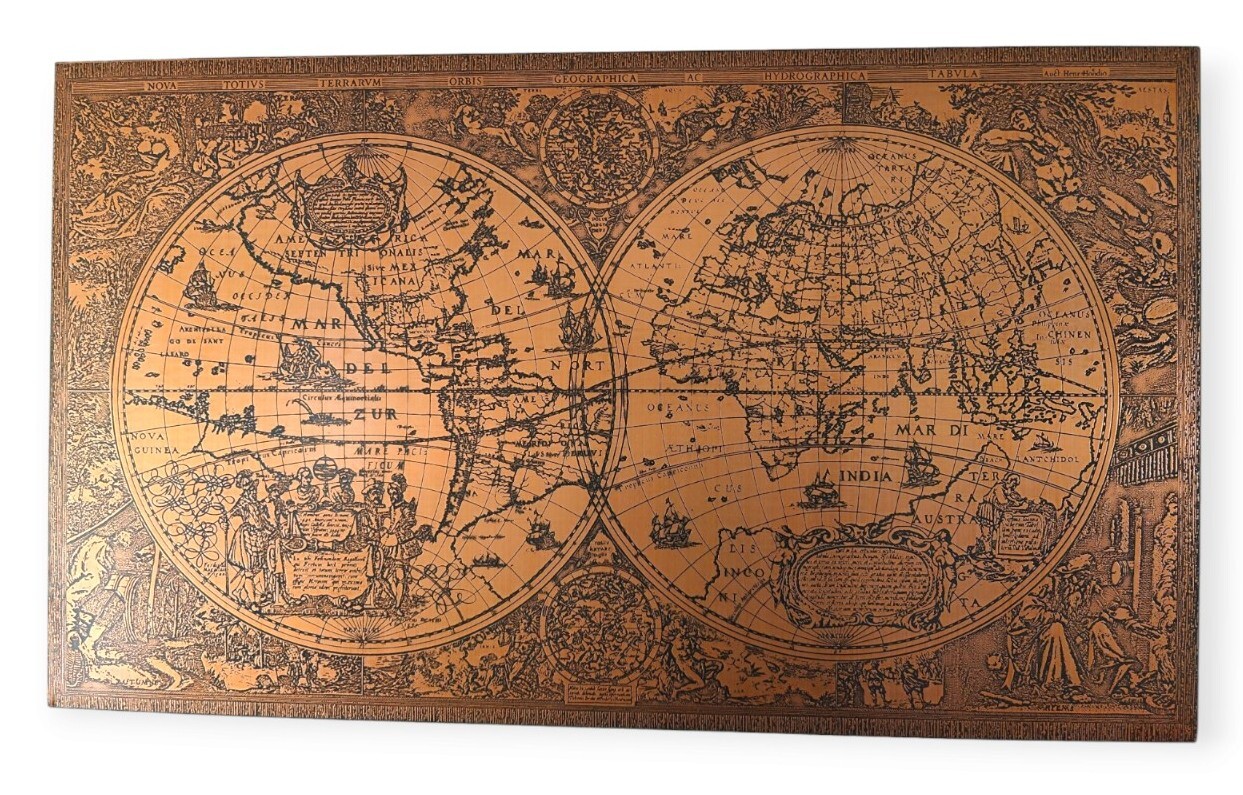Rare Vintage World Map Engraved Copper Henricus Hondius 47"x27" Wood Mount  