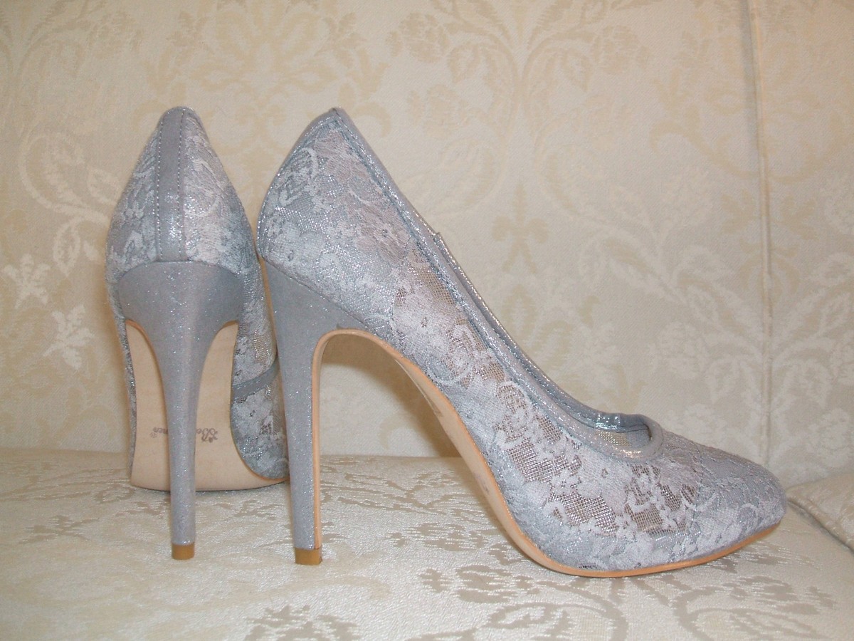 SIZE 40 SILVER GREY LACE SHIMMER HIGH HEEL COURT WEDDING BRIDAL
