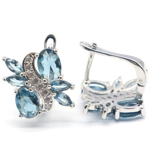 Pretty Big Gemstone London Blue Topaz CZ Women Dating Silver Earrings