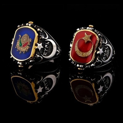 Men's 925 Sterling Silver Ottoman Turkish Flag Coat of Arms Spinner Ring