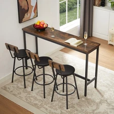 Long Bar Table Set W/ 3 PU Upholstered Bar Stools 63" Dining Table Pub Chair Set