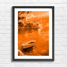 Turquoise Coastal Village With Rowboat Orange Framed Wall Art Print Large