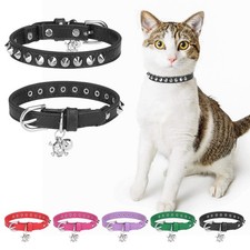 Leather Cat Collars for Boy Girl Cats with Bell and Safety Elastic Belt, Pers...