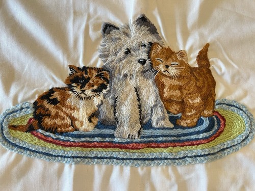 Vtg Tapestry Needlepoint Cats Dog on a Braided Rug Wall Art Hanging Textile