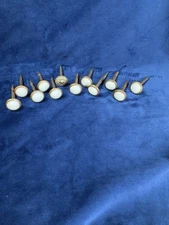 Vintage Picture Frame Nails White Porcelain Head Brass Artwork Hangers Lot of 12