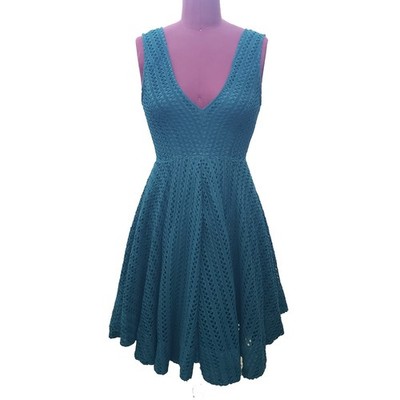 Sandro Mini Dress Green Crochet V-Neck Fit and Flare Sleeveless Lined XSmall
