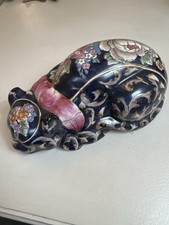 Vintage Macau China Hand Painted Sleeping Cat Blue & Gilt Floral Figurine 9”