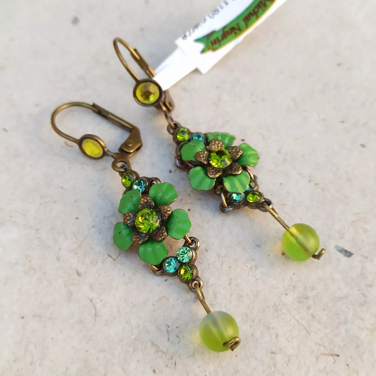 Michal Negrin Earrings Neon Green Flower With Swarovski Crystals