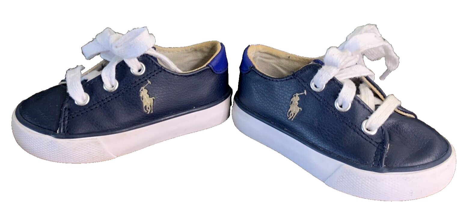 Polo Ralph Lauren Toddler Shoes US sz 5 Blue & White Pony Faux Leather Lace Up-image
