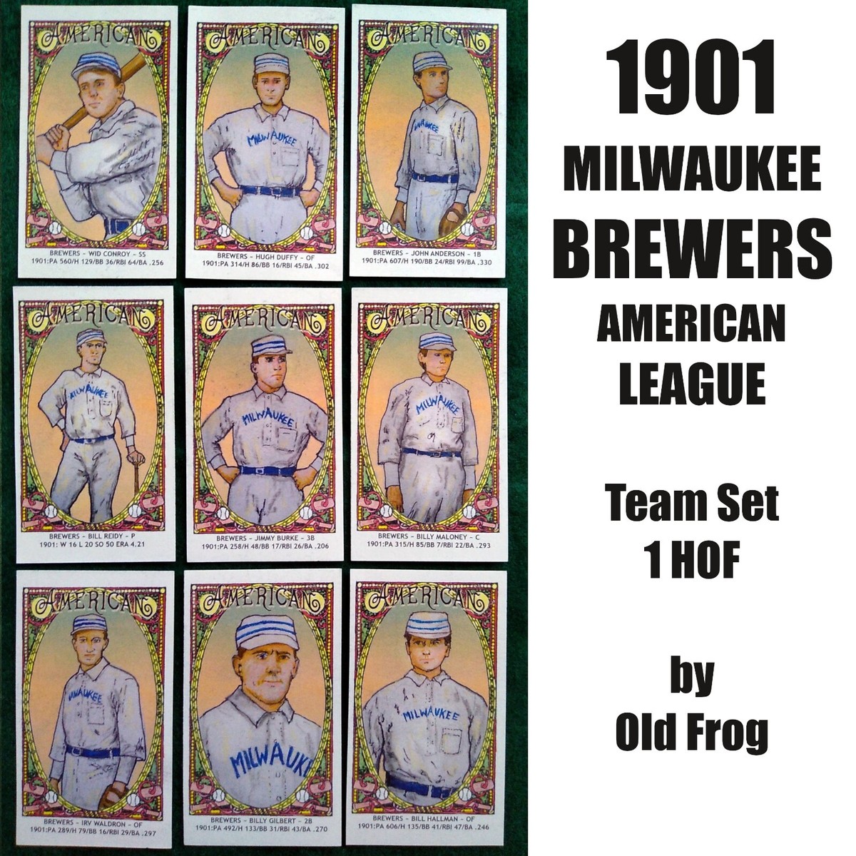 OLD FROG 1901 Milwaukee Brewers AMERICAN LEAGUE SET 9 baseball