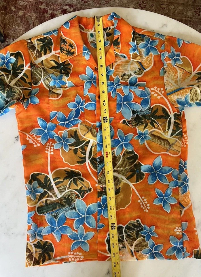 Vintage Waikiki Holiday Hawaiian Polyester Boys Shirt Orange Plumeria Size 18 - Image 4 of 4