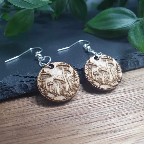 Handmade wood earrings Trippy Mushroom Forest Engraved Design Dangle Hippie