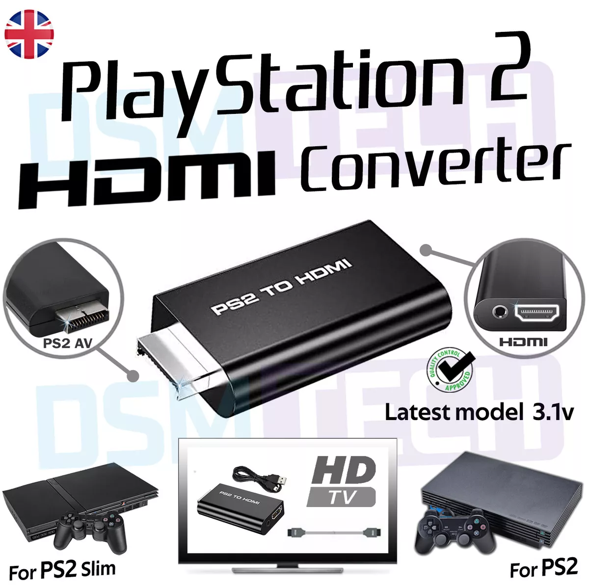 PlayStation 2 PS2 to HDMI Converter Adapter Adaptor Cable HD RCA AV Audio  Video