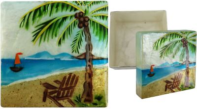 Capiz Shell Trinket Box, 3'', Palm Tree / Beach