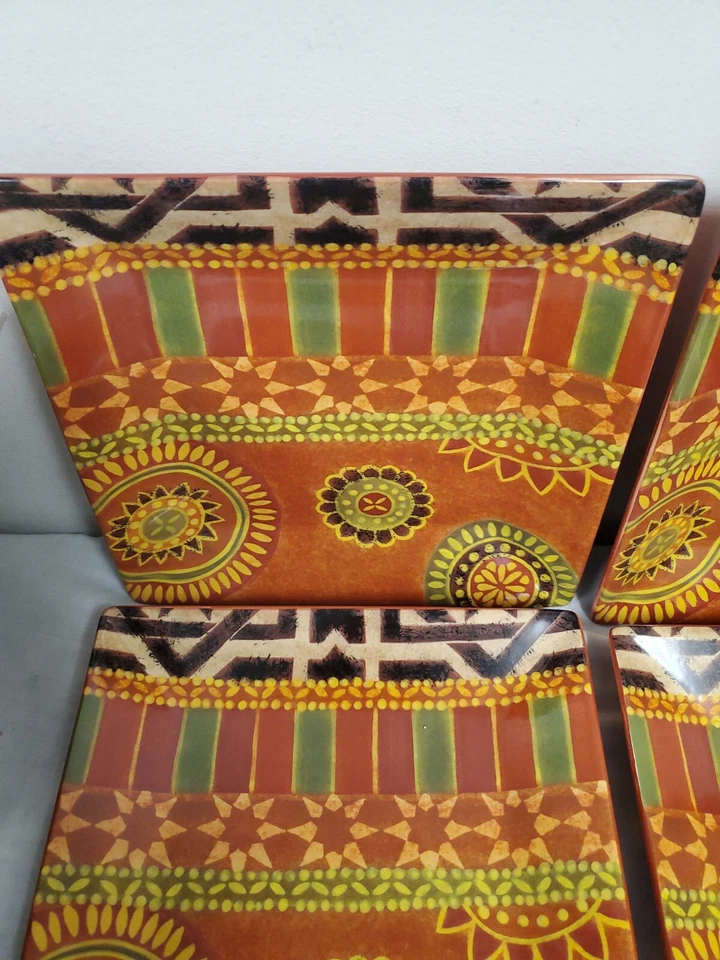 Rio (4) Tabletops Gallery Square Dinner Plates 10" Orange Green Rust - Image 3 of 4