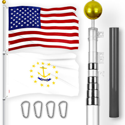 25Ft Telescoping Flagpole SV & USA and RI No Golden Border Flags Emb 300D 3x5Ft