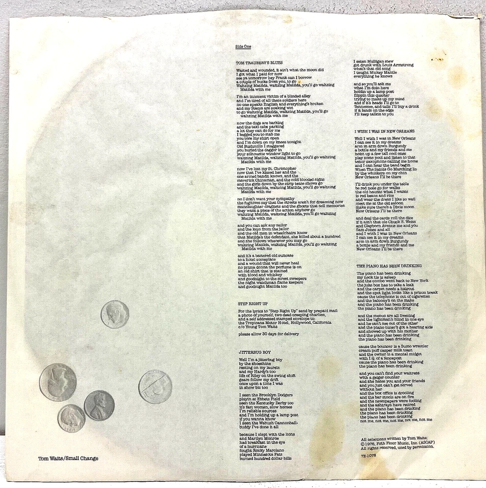 Tom Waits Small Change 1976 Vinyl Asylum Records 1st Press - Image 4 of 4