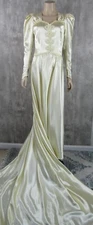 Vintage 1940s Candlelight Liquid Satin Ivory Wedding Dress Long Train S/M