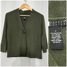 Carole Little Cardigan Wool Angora Blend 3/4 Sleeve Small Rabbit Hair Green