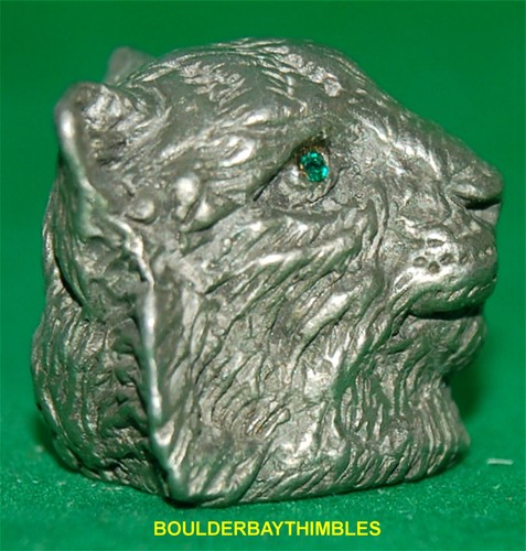 PEWTER THIMBLE - #168 SHAPED LION HEAD with GREEN CRYSTAL EYES - Picture 2 of 4