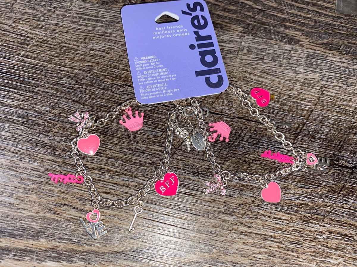 Claire’s princess tiara bff love pink rhinestone bow Charm bracelet set nwt