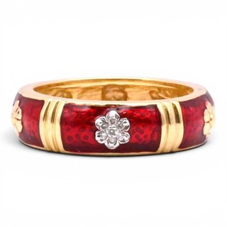 VINTAGE DESIGNER RED ENAMEL DIAMOND ETERNITY BAND RING 18K YELLOW GOLD SIZE 8.75