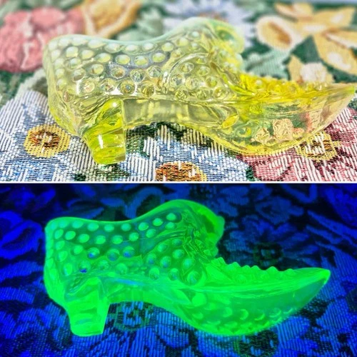 Fenton Vaseline Glass Cat Head Heel - Vintage Glass Shoe - Topaz Yellow GLOWS