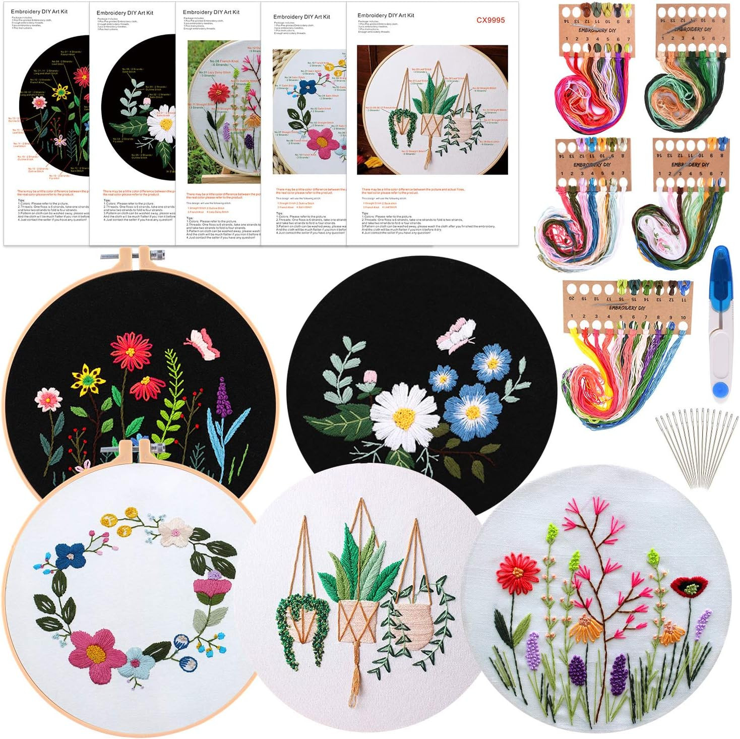 Kit broderie fleurs complet avec 2 tambours et fils de coton colorés