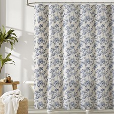 Blue Shower Curtain Set with Metal Hooks, Cottagecore Faux Linen Elegant Vint...