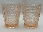 Pink Depression Holiday Buttons and Bows by Jeanette Glass Pair Flat Tumblers 4"