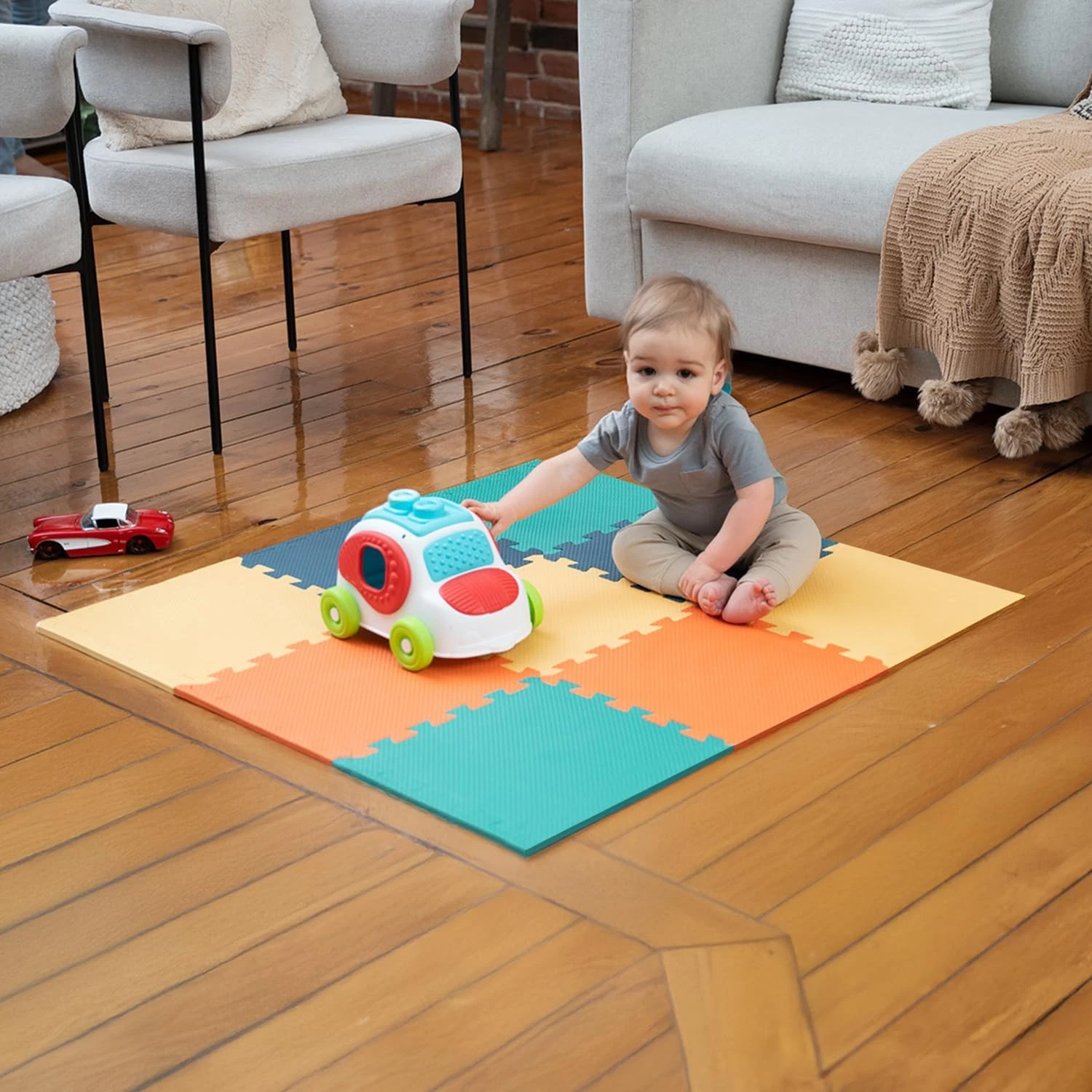 MioTetto Baby Play Mat, Comfortable 9 Tiles, Cobalt-apricot-pine-gold