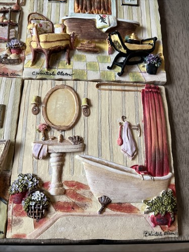 4 pc Set C.Winterle Olson 3D BATHROOM Ceramic Tile Wall Art Plaque Hangings - Picture 5 of 5