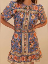 NWT Farm Rio Superbloom Tapestry Blue Organic Cotton Mini Dress XL Belted $210