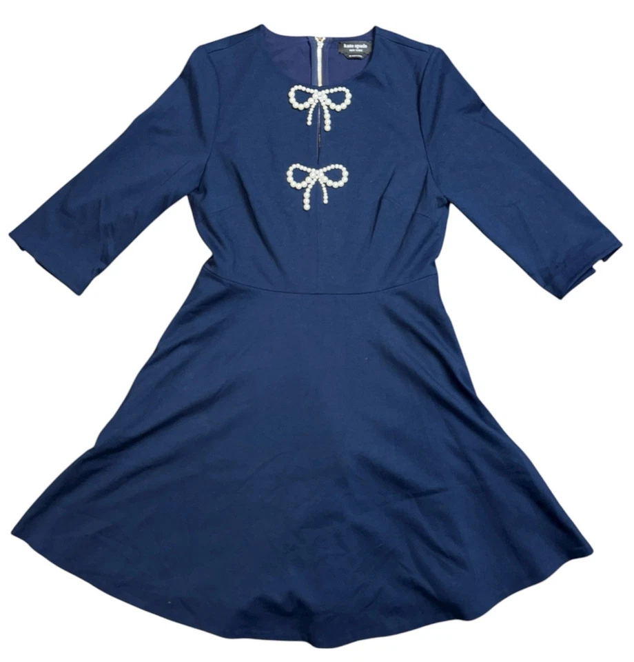Vestido Ponte Kate Spade Perla Lazo Azul Marino Talla Pequeña Mediana Fiesta de Vacaciones Elegante Foto 3 de 4