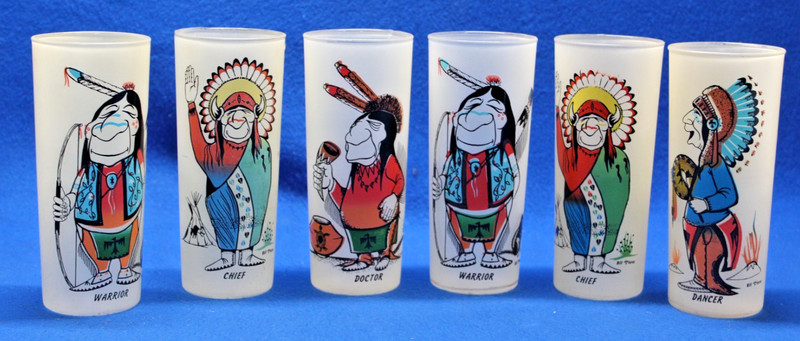 Vtg Lot 6 Bill Flores Native American Frosted Glass Tumblers W/Glass Caddy