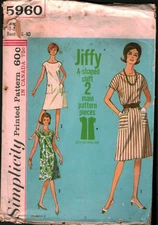 5960 Vintage Simplicity Sewing Pattern Misses 1960s One Piece Jiffy Dress Large