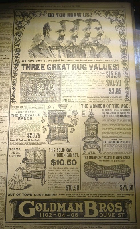 SEPT 30, 1906 NEWSPAPER PAGE #2669- GOLDMAN BROS FURNITURE STORE, ST LOUIS