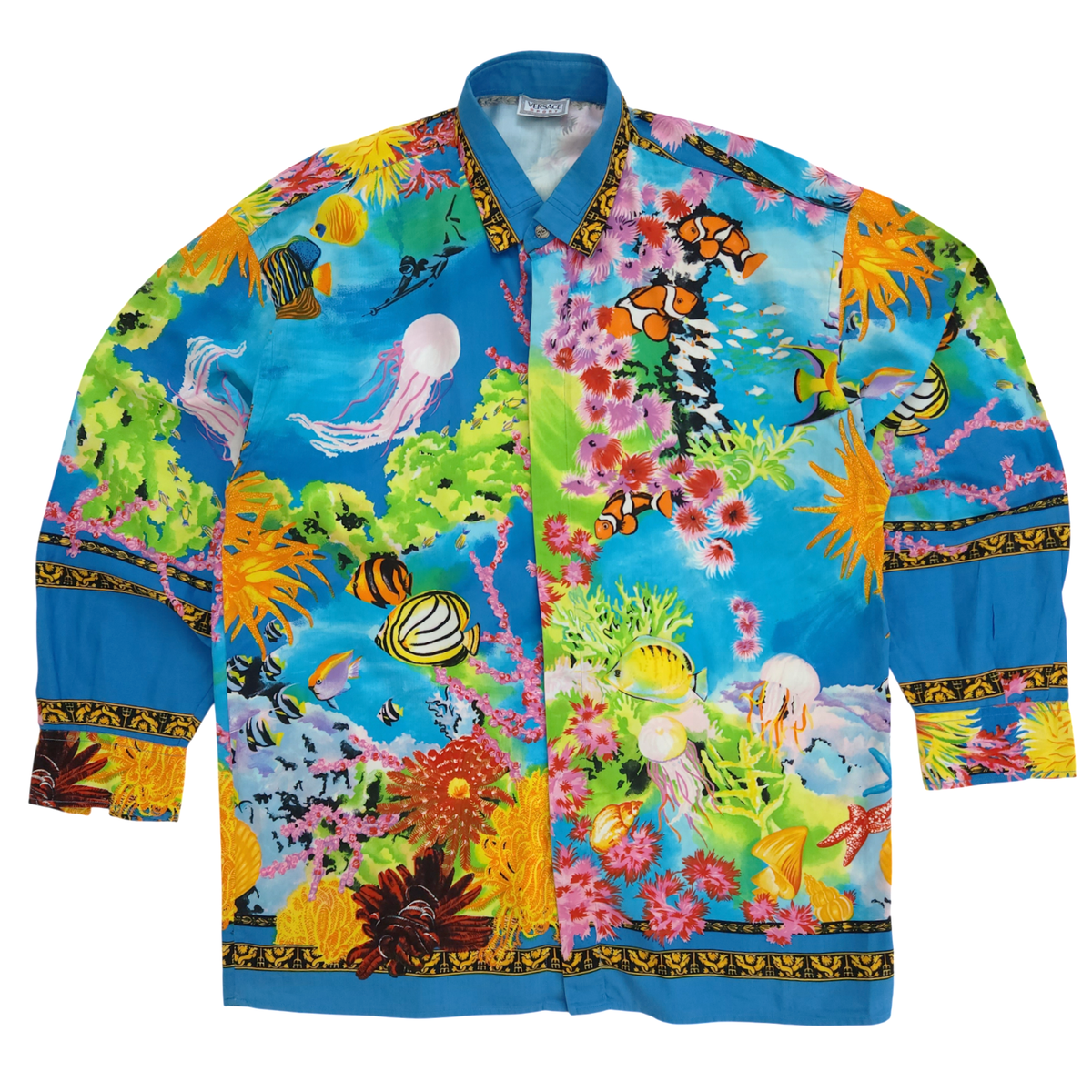 Vintage 90's VERSACE Sport Baroque Tropical Fish Club Print Button
