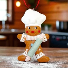 Gingerbread Man Chef Claydo Glitter Christmas Tree Ornament Striped Tie Roll Pin