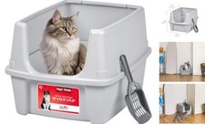 Large Cat Litter Box with Scatter Shield and Scoop High Sided Gray Open Top