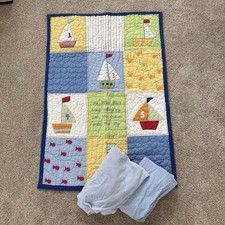 Pottery Barn Kids Sailboat Fish Baby Crib Quilt 48 x33 W/ 2 Blue Fitted Sheets